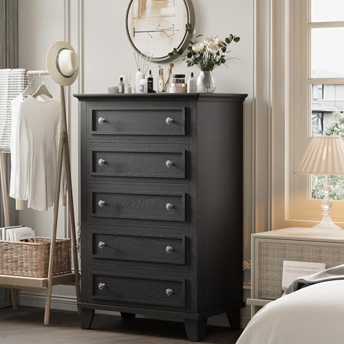 GAOMON Black 5 Drawer Dresser for Bedroom, 48" Tall Wood Dresser & Chests of Drawers with Deep Drawers, Modern Chest Organizer with Metal Handles for Living Room, Hallway, Entryway