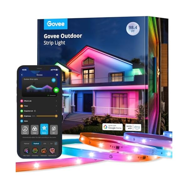 Govee Outdoor LED Strip Lights, 98.4ft Smart Outdoor Lights Work with Alexa and Google Assistant, App Control, IP65 Waterproof, RGBIC Outdoor Lights for Patio, Eave, Christmas Decorations