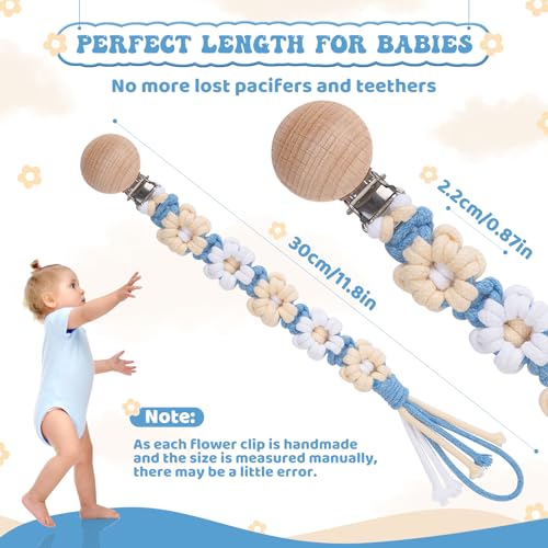 Image of Pacifier Clip for Boys Girls Floral Daisy Macrame Baby Paci Clip Pacifier Holder Leash Boho Wooden Clips Handmade Braided Cotton Binky Clips (2pack:Daisy A & Blue Daisy B)