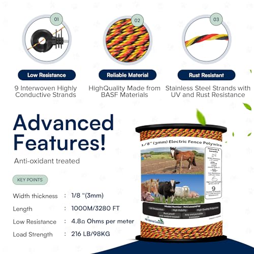 My Animal Command 3Mm(1/8In) Thick Solar Powered Chicken Polywire Electric Fence 1000M/3280 Ft Length For Containment Of Livestock, Horses, Deers, Bears, Farm Animals, Gardens, Pets,Animal Farm Wire - 3