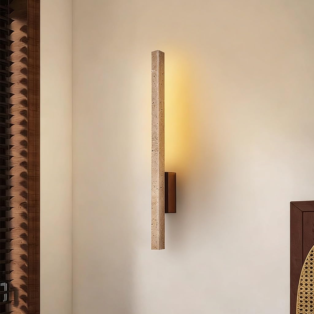 Aplique De Pared Largo Lineal WabiSabi Piedra Travertino Natural Lampara De Pared Minimalista Luz De Pared LED 55cm/90cm Iluminacion Para Dormitorio Salon Pasillo Hotel Cafe(Rectangle 90cm)
