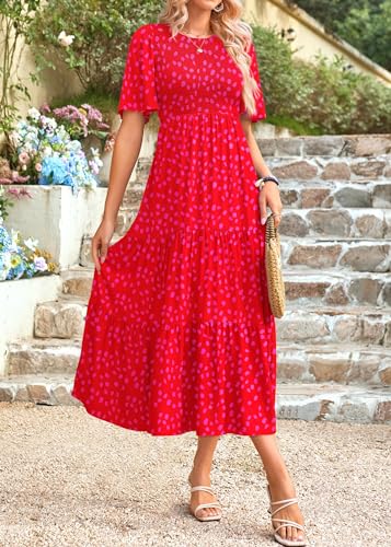 Image of KIRUNDO Summer Dresses for Women 2026 Spring Casual Flutter Short Sleeve Wedding Guest Smocked Flowy Tiered Aline Midi Dress
