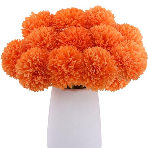Rowfad 12 Pcs Artificial Chrysanthemums Fall Flowers Silk Orange Marigolds Flowers Fake Mums Flower for Autumn Dia de Los Muertos Diwali Day of The Dead Home Decor (12 Orange)