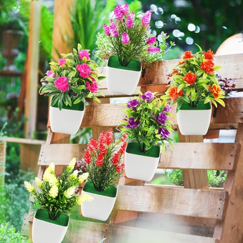 JINXIAN 6 pcs Artificial Plants Artificial Flowers in Pots 7.08 Inches Tall Artificial Mini Potted Flowers Fake Plants for Home Office Area Restaurant Outdoor Indoor Deco - Image 4
