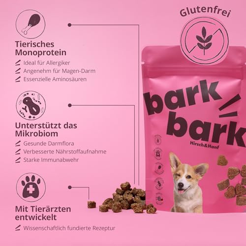 BarkBark Hirsch & Hanf - Premium Hundeleckerli - Monoprotein 75% Hirsch - Glutenfrei & Zuckerfrei - ideal für Allergiker Hunde - zur täglichen Ergänzung als Snack - natürlich Getreidefrei - 150g