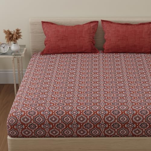 Image of Huesland by Ahmedabad Cotton 144 TC Cotton Elastic Fitted Bedsheet King Size with 2 Pillow Covers | 72 x 78 inches