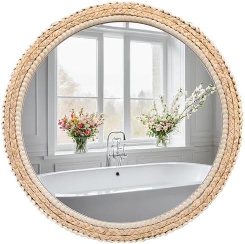 FUIN 24" Rattan and Wood Round Mirror for Boho Bathroom, Entryway...