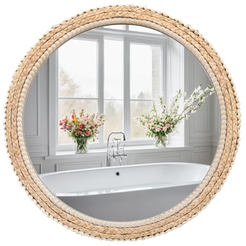 FUIN 24" Rattan and Wood Round Mirror for Boho Bathroom,
