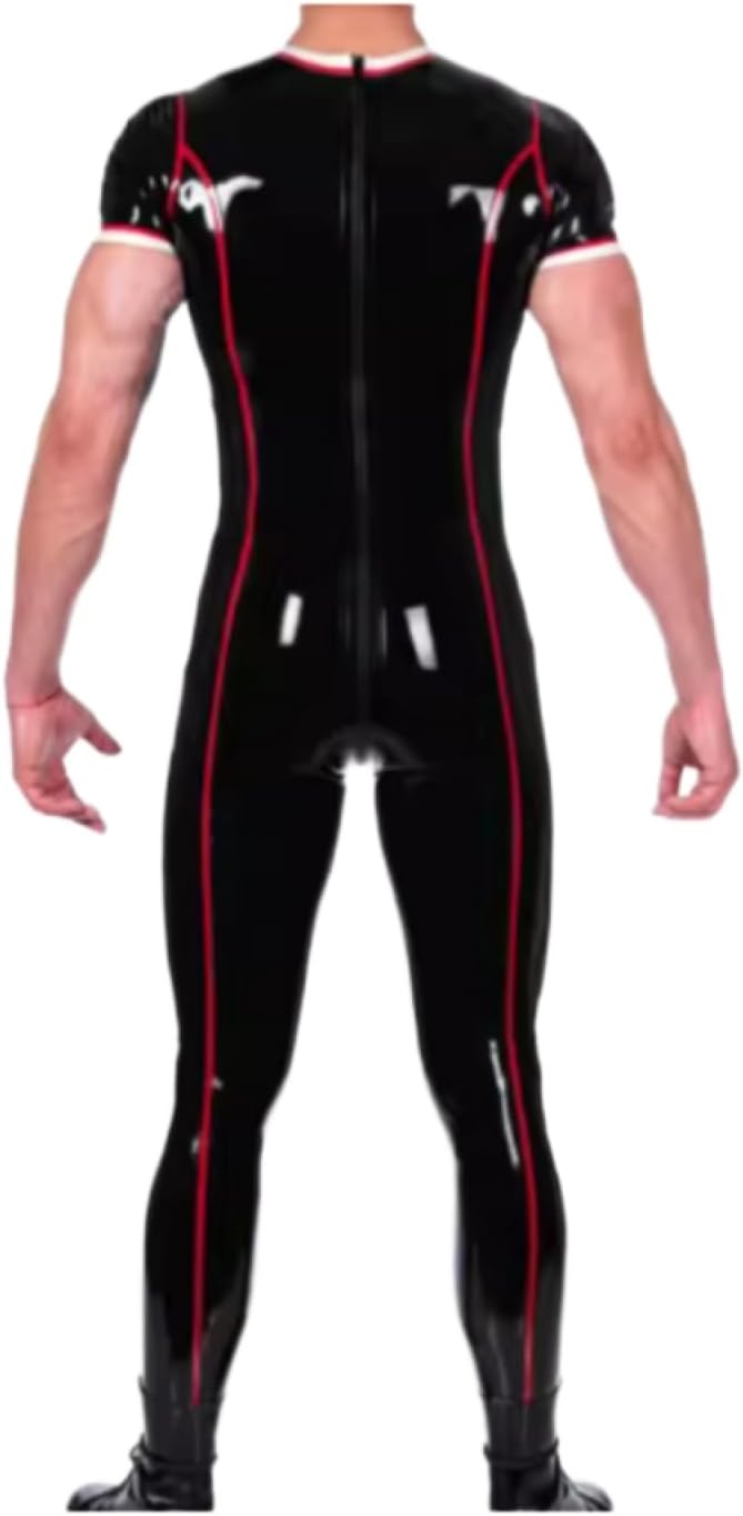 Black Latex Catsuit Rubber Bodysuit One-piece Racing Suit with Red Trim for Men Back Crotch Zipper