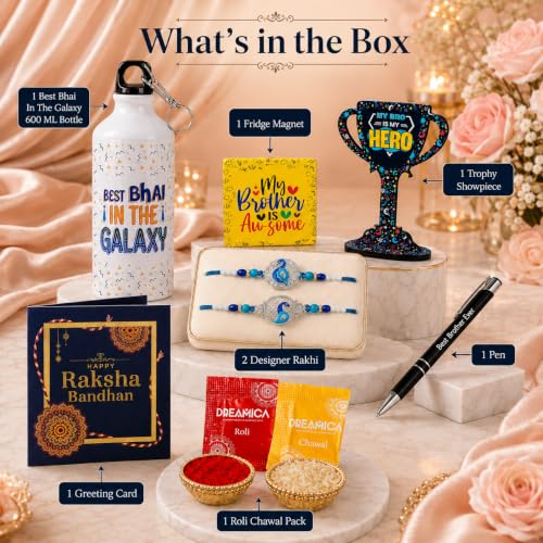 Image of Dreamica Designer Set of 2 Rakhi, 600 ML Best Bro Sipper, Pen, Trophy Showpiece, Fridge Magnet, Greeting Card and Tilak Set | Best Rakhi Gift for Brother