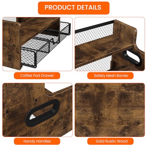 Image of Homode Coffee Syrup Rack Organizer, 3-Tier 8 Bottles Syrup Holder Stand with 35 K Cup Storage Basket Drawer for Coffee Bar, Wood Liquor Shelf Wine Rack Countertop for Home, Rustic Brown