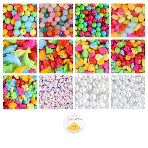 Image of ambitieux Bracelet Making Craft Kit 12 Types of Colorful 400+ pcs of Plastic Beads with Elastic - (Light All Color Beads)
