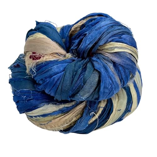 DARN GOOD YARN Recycled Sari Silk Ribbon Yarn “Partly Cloudy” Dyeable 100 Grams, 50 Yards, 1 Skein Handmade one of a Kind…