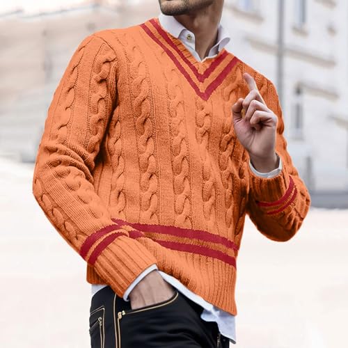 Men's V Neck Sweater Striped Cable Knit Pullover Sweater Casual Long Sleeve Twist Patterned Sweaters4
