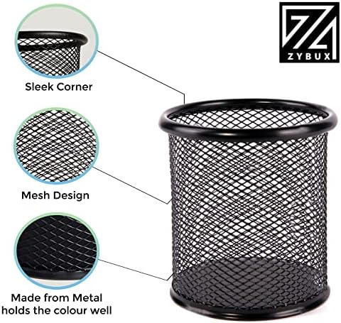 ZYBUX - Mesh Pen Holder - Desk Bin Pencil Pot|Pen Holders Desk Tidy|Desk Accessories Pencil Organiser and Makeup Brushes Storage, Gifts For Her Round Desk Stationery | (Set of 2, 1 Black and 1 Silver)