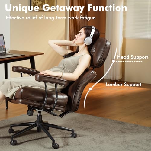 Image of High Back Executive Office Chair with Comfortable Deep Seat,Brown PU Leather Modern Office Chair,Ergonomic Big and Tall Computer Desk Chair with Lumbar Support(Dark Brown)