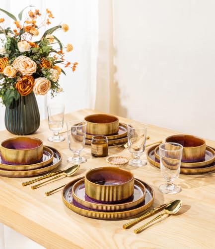 Image of Ceramic Dinnerware Set for 4, 16-Piece Plates and Bowls Set | Lightweight Porcelain Dish Set, Scratch Resistant, Oven & Microwave & Dishwasher Safe, Amber Amethyst