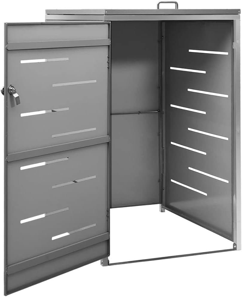 FAMIROSA Single Wheelie Bin Shed Stainless Steel for Garbage Storage, Metal Garbage Bin Shed for Garden Yard Lawn 27.2"x30.5"x45.3" Anthracite