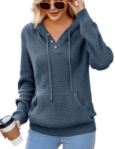 Image of VIMPUNEC Womens Fall Hoodie Sweater Long Sleeve Hooded Top with Pocket | V Neck, Button, Adjustable Drawstring, Waffle Knit, Loose Fit, Ribbed, Kangaroo Pocket