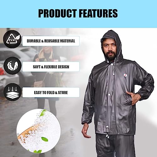 Image of Allextreme PVC Waterproof Raincoat for Men with Hood & Pants Set | Full Body Rain Suit with Adjustable Drawstring Hood & Carry Pouch | Rainwear for Bike Riding, Travel & Outdoor Use (Wood Grey, XXL)