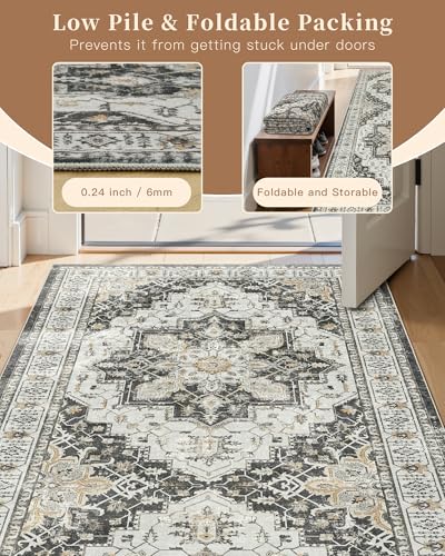 Madane Washable Entry Rug 3x4, Area Rugs for Entryway Kitchen Bathroom Door Mat Indoor Entrance, Vintage Floral Print Office Runner with Non Slip Rubber Backing, Black