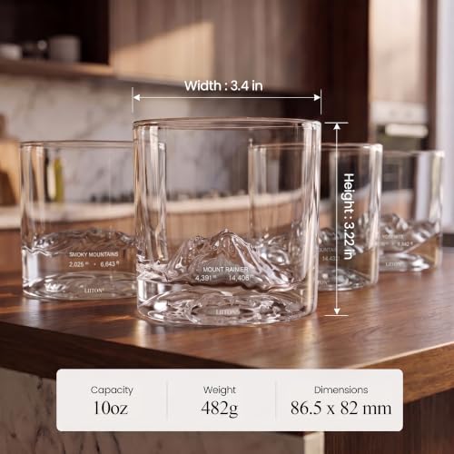 Image of LIITON American Peaks Whiskey Glasses, Set of 4, 10oz, Bourbon Glass | Thick Freezable Crystal Rock Glasses, Old fashioned Whiskey Gifts for Men, Cocktails, Scotch Glasses