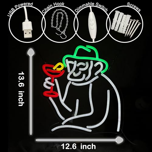 Image of Monkey Cocktail Retro Bar Neon Sign Cocktails Bar Neon Light Up Sign Dimmable for Room Wall Decor Man Cave Game Room 12.6 inchx13.6 inch