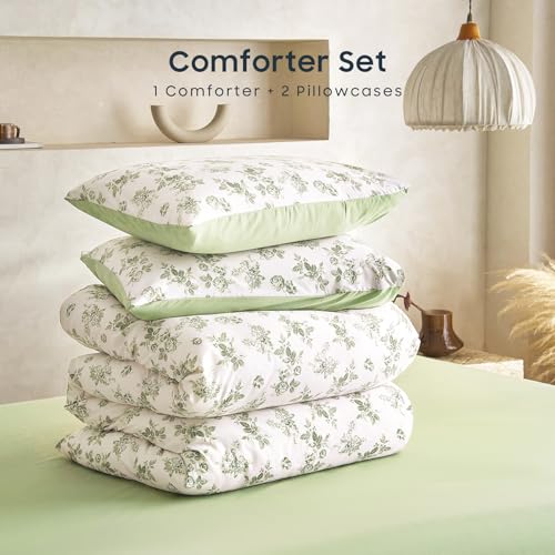 Image of Wake In Cloud - Cottagecore Comforter Set, Floral Vintage Flower Shabby Chic Coquette Aesthetic for Women Teen Girls, Soft Lightweight Dorm Bedding, 3 Pieces, Sage Green, Twin /Twin XL Size
