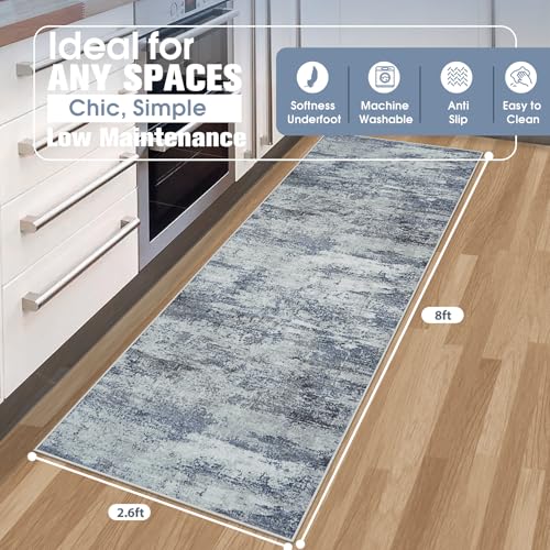 Runner Rug for Hallways Kitchen 2'6"x8' Washable Non Slip: Carpet Non Skid 8ft Entryway Rubber Backed 8 Feet Neutral Abstract Modern Rug Low Pile Pet Friendly Indoor Blue Grey