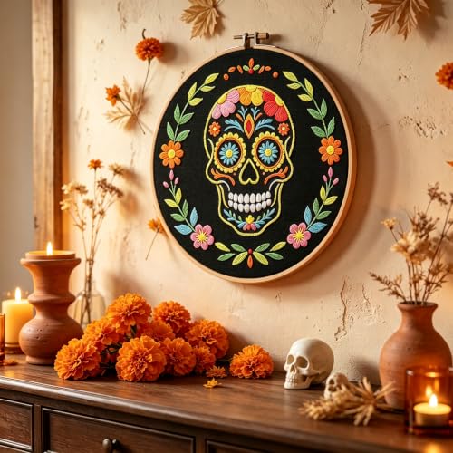 Image of Nuberlic Sugar Skull Embroidery Kit for Beginners Adults Stamped Needlework