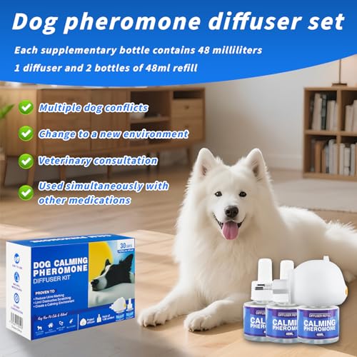 Shyllin Pheromone Hund, Beruhigungsmittel für Hunde, Calmante Perros Petardos, Dog Diffuser Calming Beruhigender (1 Steckdose +2 Nachfüllflakon) Abbau von ängstlichem Verhalten Feuerwerk Gewitter