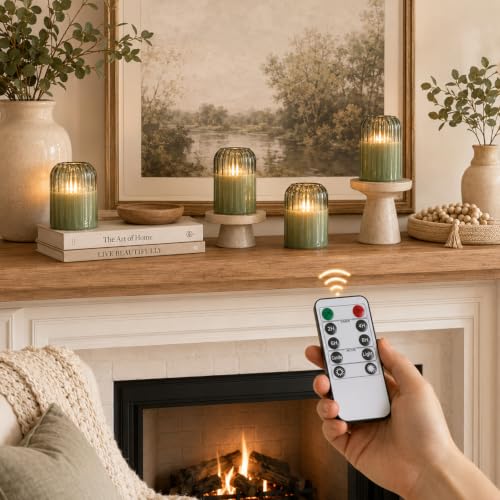 Image of Lezonic Green Glass Flameless Candles with Remote, Set of 4 Dancing Flame LED Pillar Candles, Real Wax Battery Operated Candles with 2 /4 /6 /8H Timer, Fall Halloween Thanksgiving Christmas Decor