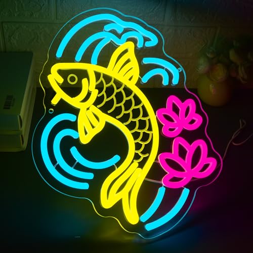 Image of Koi Fish Neon Sign for Wall Decor Japanese LED Light for Man Cave | Dimmable, japanese style wall art, living room decor, bar ornament, party decor, ideal birthday gift, size 13.7*12.2 In