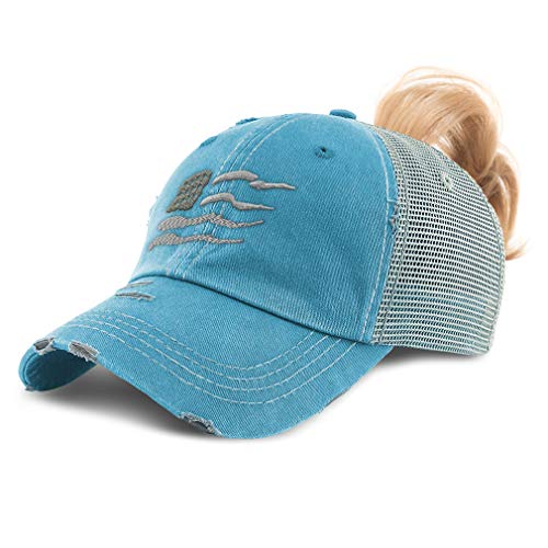 Speedy Pros Womens Ponytail Cap Wavy American Flag Grey Embroidery Cotton Messy Bun Distressed Trucker Hats Strap Closure Turquoise Design Only #TOP17