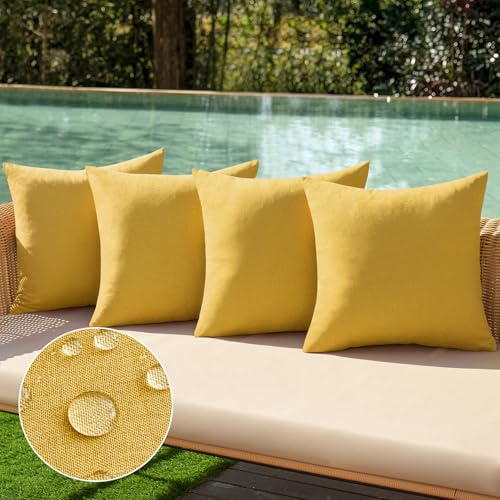 MIULEE Pack of 4 Decorative Outdoor Throw Pillow Covers Linen Waterproof Pillow Covers Summer Farmhouse Cushion Cases for Patio Garden Tent Balcony Couch Sofa 18x18 Inch Yellow