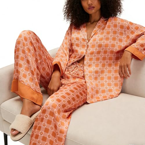 Image of Women Satin Pajama Set Floral Silk Pajamas 2 Piece Lounge Sets Button Down Shirts Wide Leg Pants Pjs Sleepwear