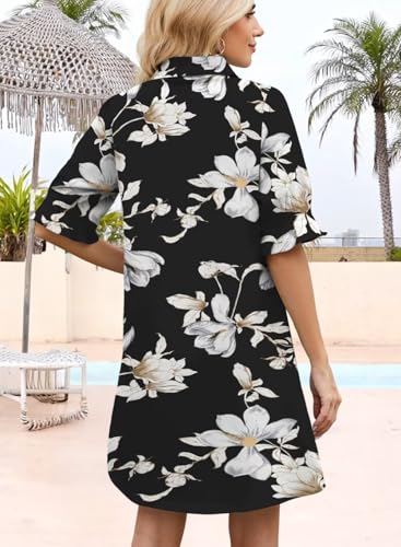 Image of Womens Summer Shirt Mini Dresses 2026 Beach | Flowy Shift Dress, Button V Neck, Polo Collar, Ruffle Short Sleeve, Floral Boho Style, Casual Vacation Outfits with Pockets