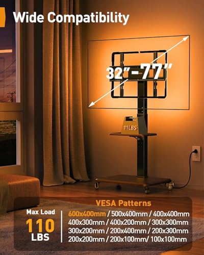 Image of Perlegear Rolling TV Stand for 32 inch-77 inchTVs with LED Lights and Power Outlet