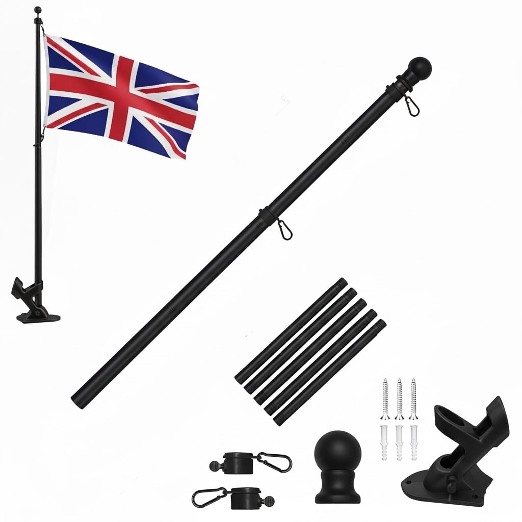 Flag Pole Kit 6FT, Heavy Duty Stainless Steel Flagpole with Tangle-Free Rotating Rings and Mounting Bracket, Adjustable Metal Flag Pole for House, Garden, Yard and Outdoor Display (Black)
