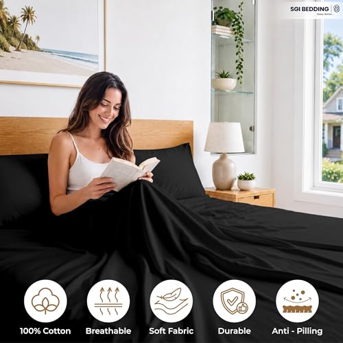 Image of SGI bedding 100% Egyptian Cotton Sheets Full Size - 600 Thread Count Sheets Set, Soft, Cooling, 15 inch Deep Pocket, Luxury Hotel Bedding, Breathable, Durable - Black