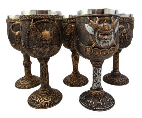 Ebros Gift Norse Mythology Viking Gods And Goddess Odin Loki Thor Valkyrie And Valhalla Battle Longship 7oz Resin Wine Goblet Chalice Set of 5 With Stainless Steel Liner Cup