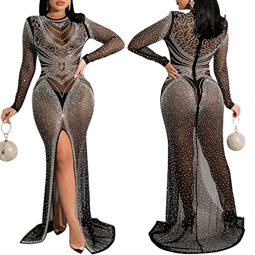 Image of PORRCEY Women's Sexy Elegant Rhinestone Mesh Party Club Night Mini Dress