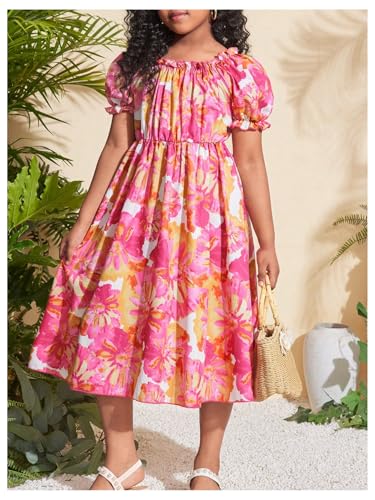 Girl's Floral Ruffle Summer Dress Short Puff Sleeve Square Neck A Line Midi Dresses2