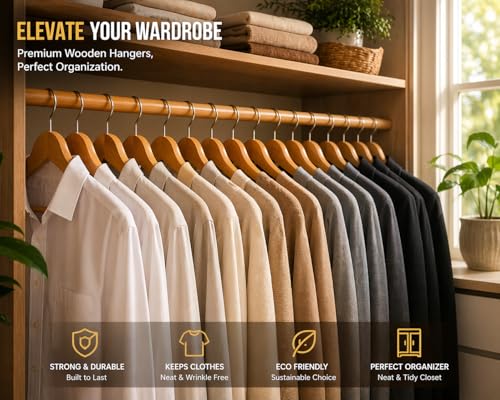 Image of Funster Wooden Hangers for Clothes - Premium Solid Wood Coat Hangers, Durable Anti-Slip Notches, Heavy Duty Clothes Hanger Set for Wardrobe, Shirts, Suits, Dresses (Pack of 12, Brown)
