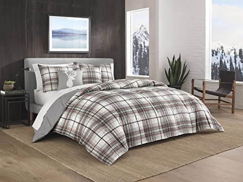 Image of Eddie Bauer - King Duvet Cover Set, 100% Soft & Smooth Reversible Cotton Percale Bedding, 3 Piece Plaid Bed Set with Matching Pillowcases (Alder Plaid Grey /Red)