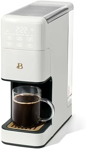 Hermosa cafetera programable de una sola porción con molinillo de rebabas integrado y controles táctiles, preparación caliente y helada, diseño sin