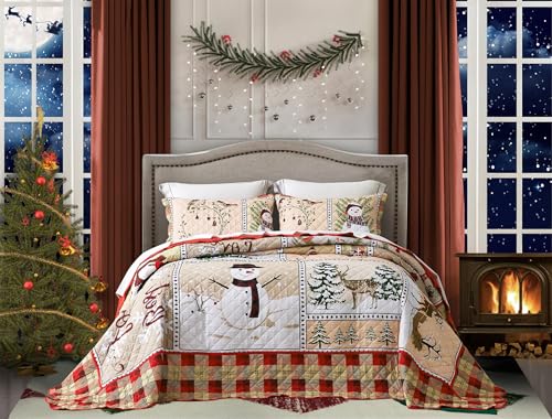 Image of Christmas Oversized Bedspread King Size, Snowman Pattern Bedding Quilt, Lodge Plaid Patchwork Coverlet, Lightweight & Soft Microfiber, 3 Piece Set