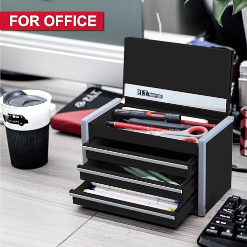 image for P.I.T. Mini Black Tool Box, Portable 3 Drawer Steel Stackable Tool Box