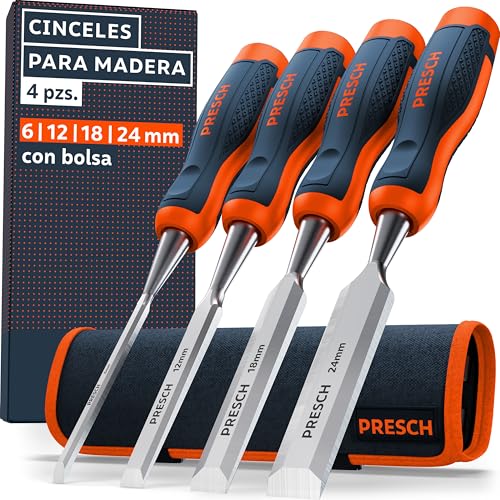 Presch Juego de cinceles para madera 4 uds. incl. bolsa - Completamente afilados (6, 12, 18, 24mm) - Con ángulo de cuña de 25° e una robusta caperuza metálica para impactos