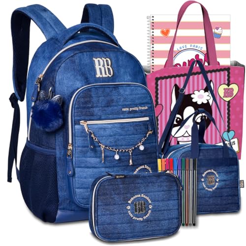 Kit Mochila Escolar Rebecca Bonbon Jeans Lancheira e Estojo